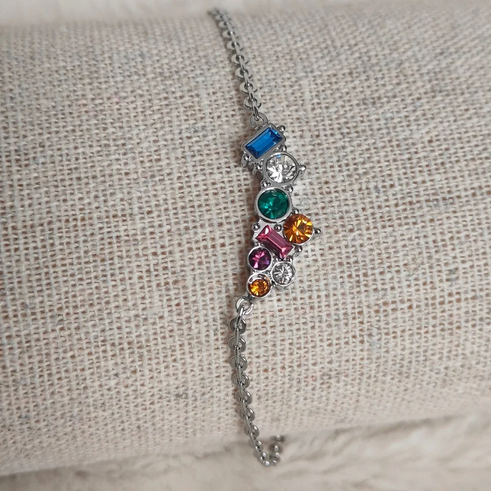 Chain Bracelet Multi Color‎ Gemstone Silver Tone Cluster Adjustable Lobster Claw